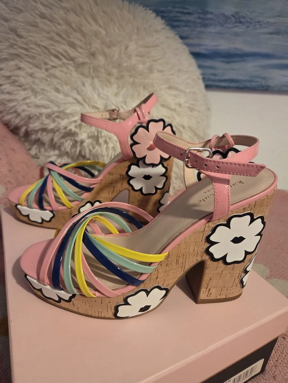 kate spade Pink Multicolor Strappy Cork Platform Sandals